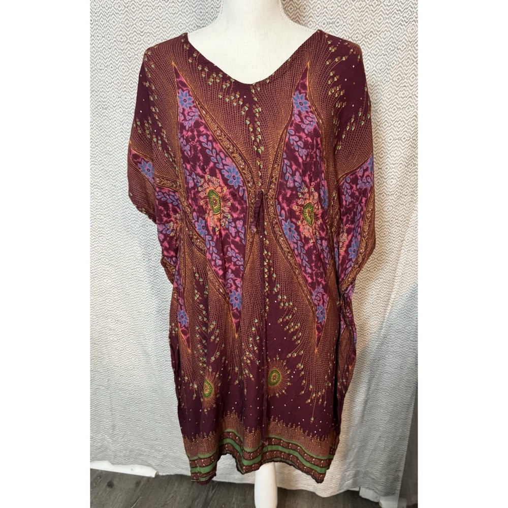 Aravay Maroon BOHO Printed Cover Up Poncho Lightweight Medium